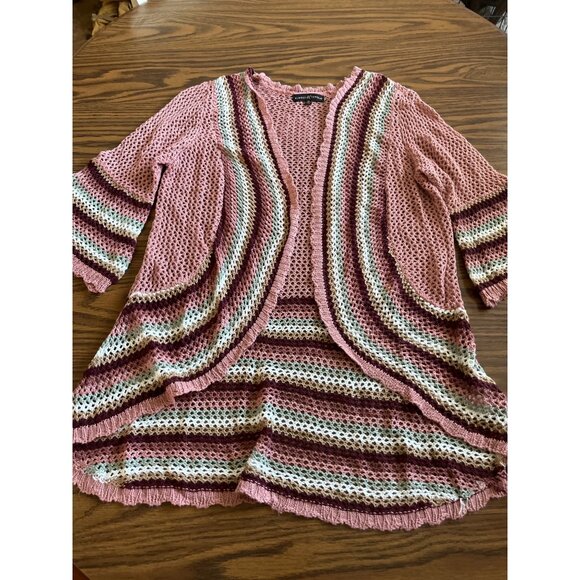 Almost Famous pink burgundy cream green knitted open front cardigan size 1X. - Picture 1 of 5